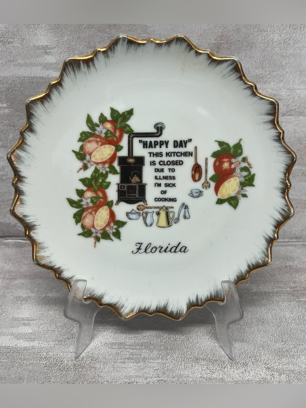 Vintage Kitschy Florida Souvenir Gold Trimmed Kitchen Plate with Hanger